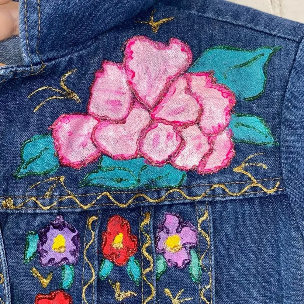 Levi’s Asterisk Vintage Denim Jacket Hand‎ Painted Floral Cropped Boho Medium